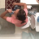 A hidden camera in a bathroom ceiling records a girl taking a small shit while brushing her teeth. Product can be seen when she stands up. Clear audio, too. About 2 minutes.